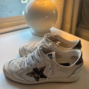 Golden Goose White and Leopard Print Sneakers
